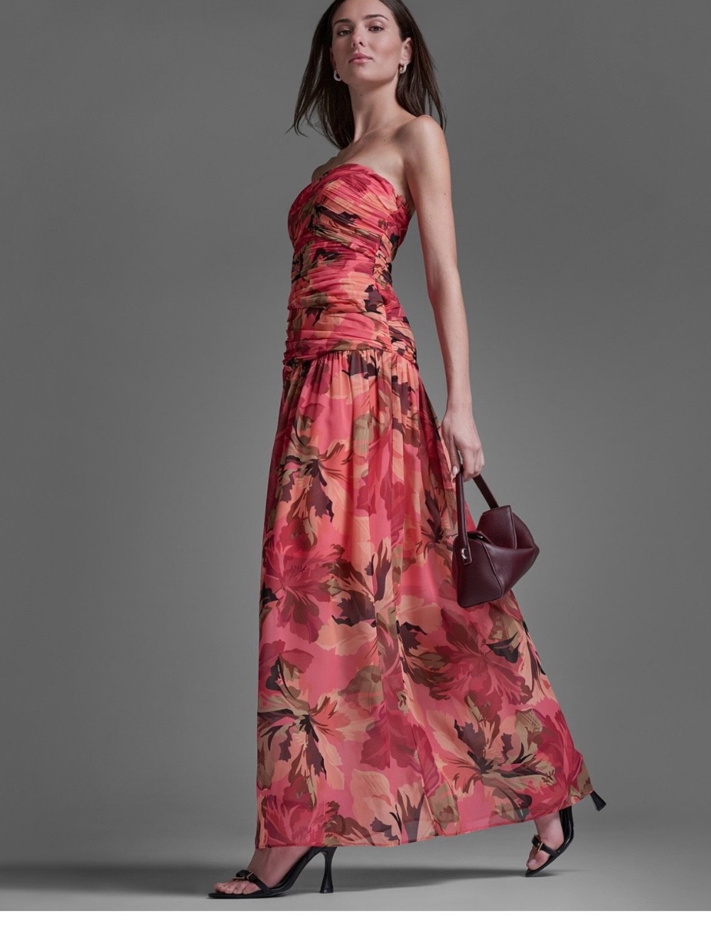 BCBG Strapless Floral Maxi Dress in Coral and Burgundy